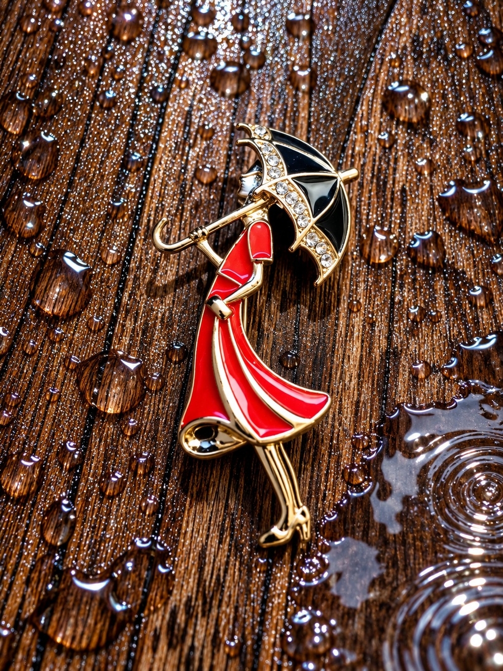 Mint Red Dress Woman with Black Umbrella Brooch
